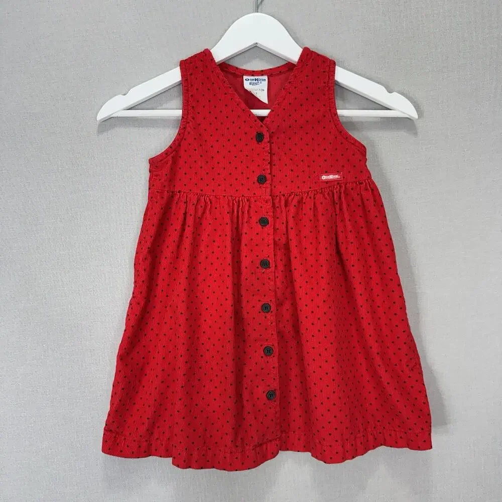 Vintage OshKosh B’gosh Dress Girl 4T Red Polka Dot Corduroy Button Cottage Retro